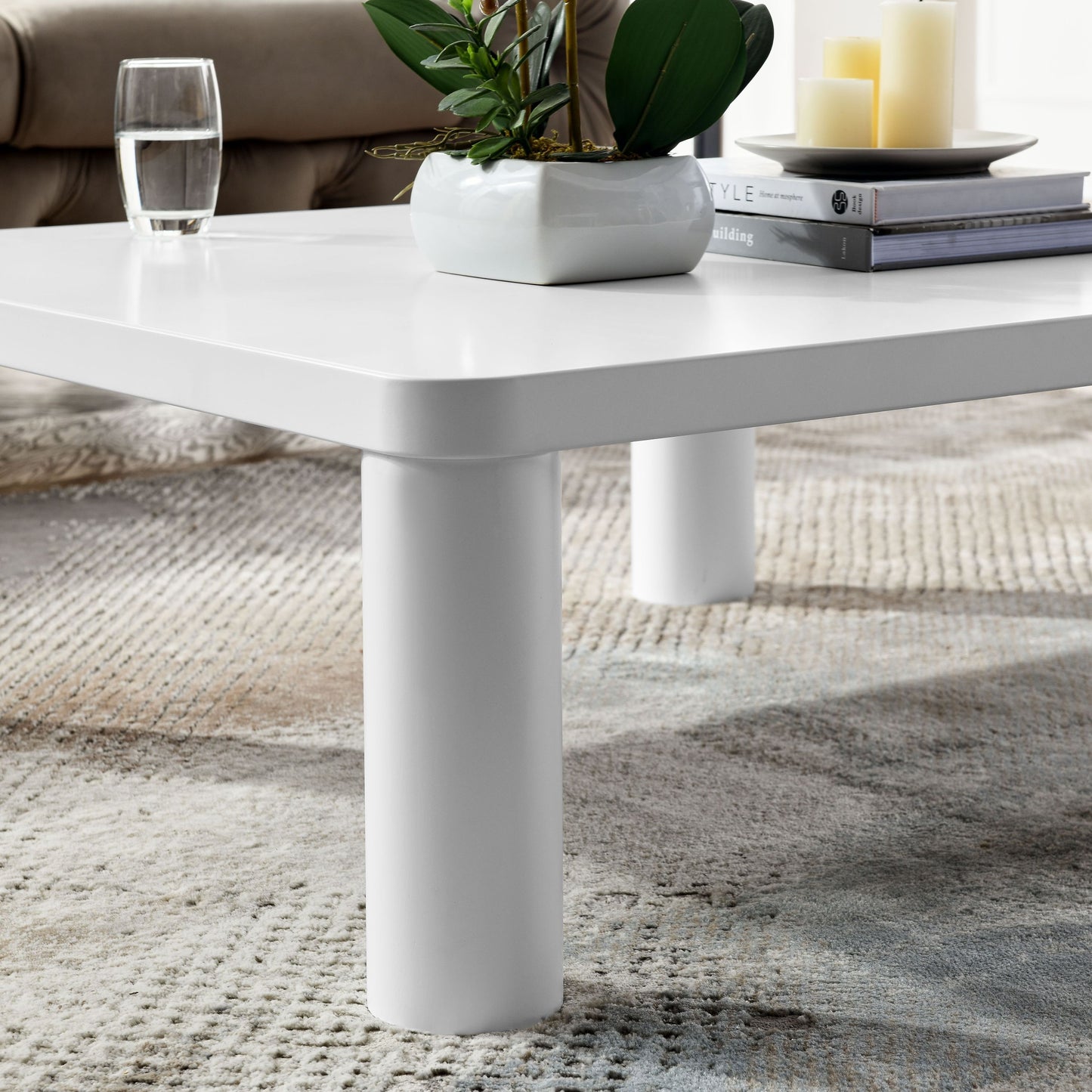 Cream White Square Coffee Table with Rounded Corner Design