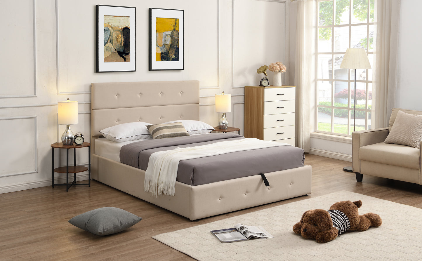 Upholstered Platform Bed with Underneath Storage,Full Size,Beige