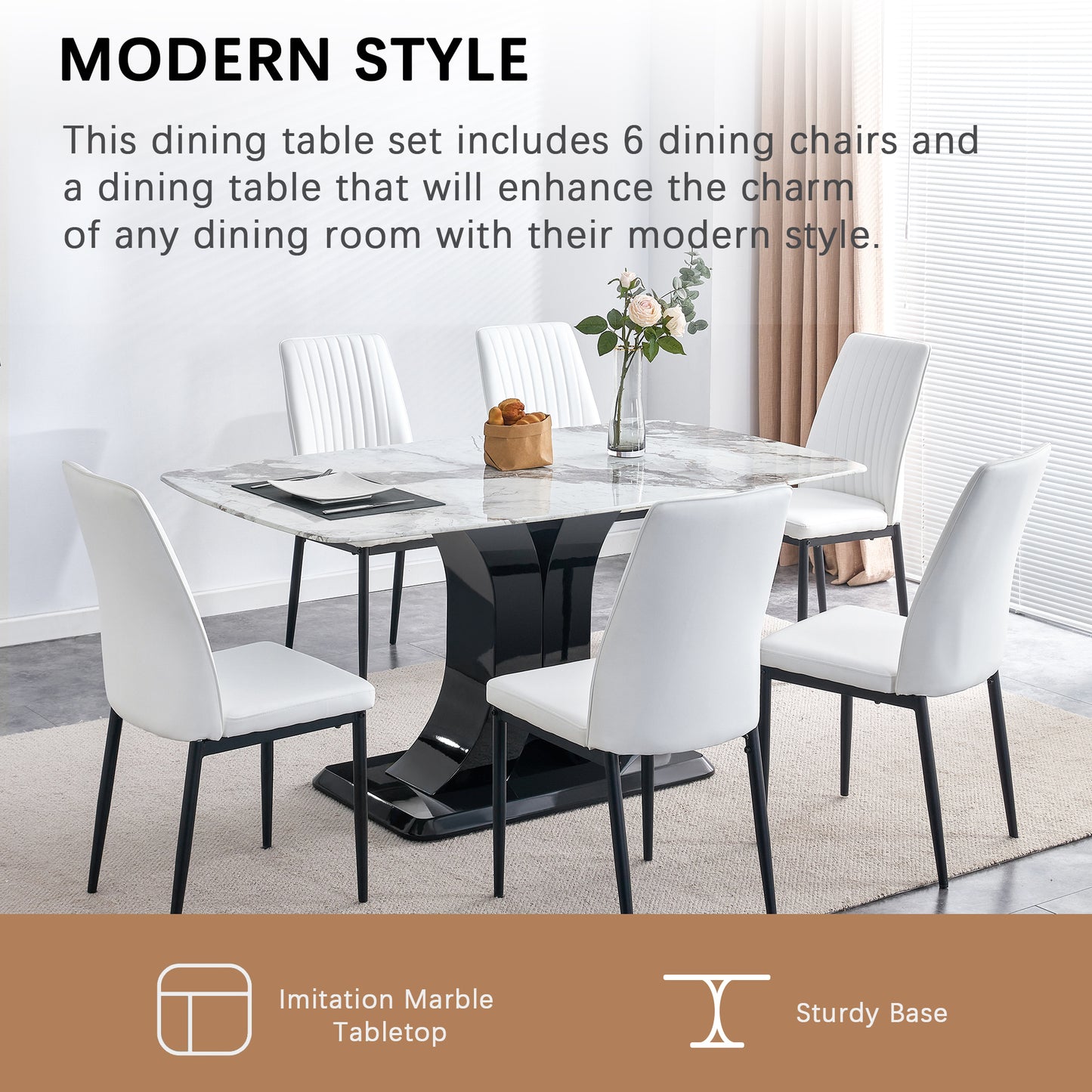 Faux Marble Dining Table Set with Convertible Base, Luxury Rectangular Kitchen Table for 6-8, Modern White Faux Marble Dining Room Table with MDF Base, Dining Table & 6 Chairs