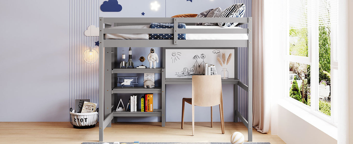 Full Size Wooden Loft Bed with Shelves, Desk and Writing Board - Gray