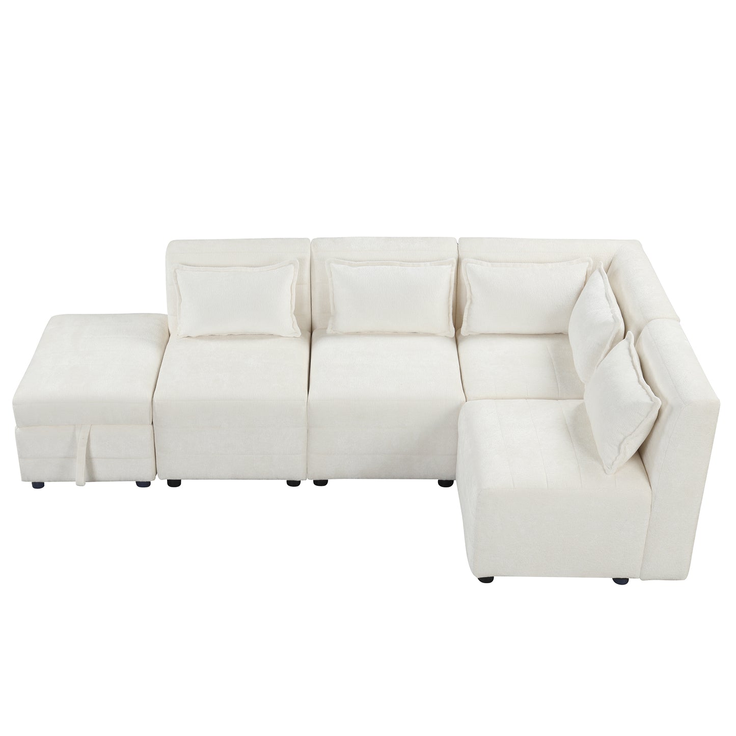 Cream 5-Seater Modular Sectional Sofa with Storage Ottoman and 5 Pillows