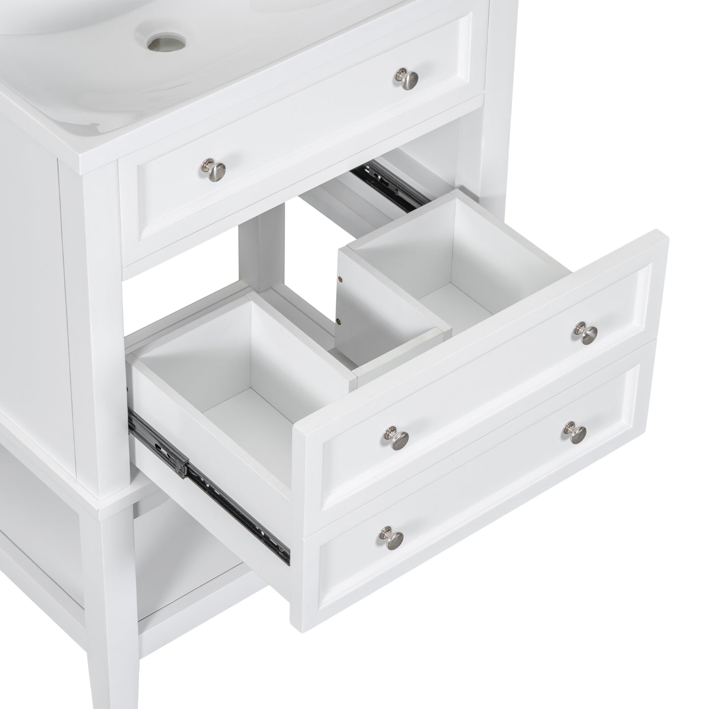 24" Bathroom Vanity Without Sink, Base Only, Solid Wood Frame, Bathroom Storage Cabinet with Drawer and Open Shelf, White