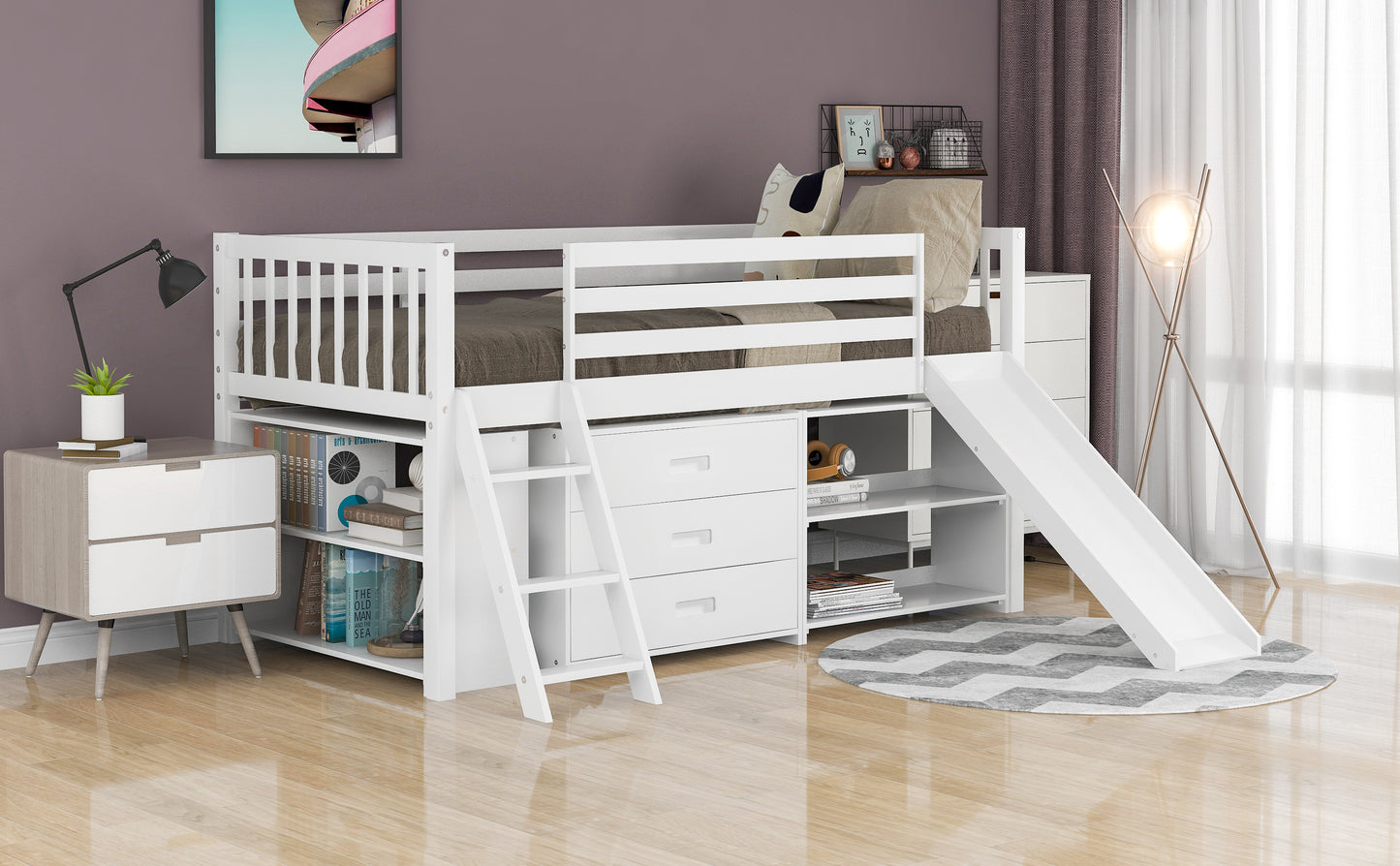 Low Loft Bed with Attached Bookcases and Separate 3-tier Drawers,Convertible Ladder and Slide,Twin,White