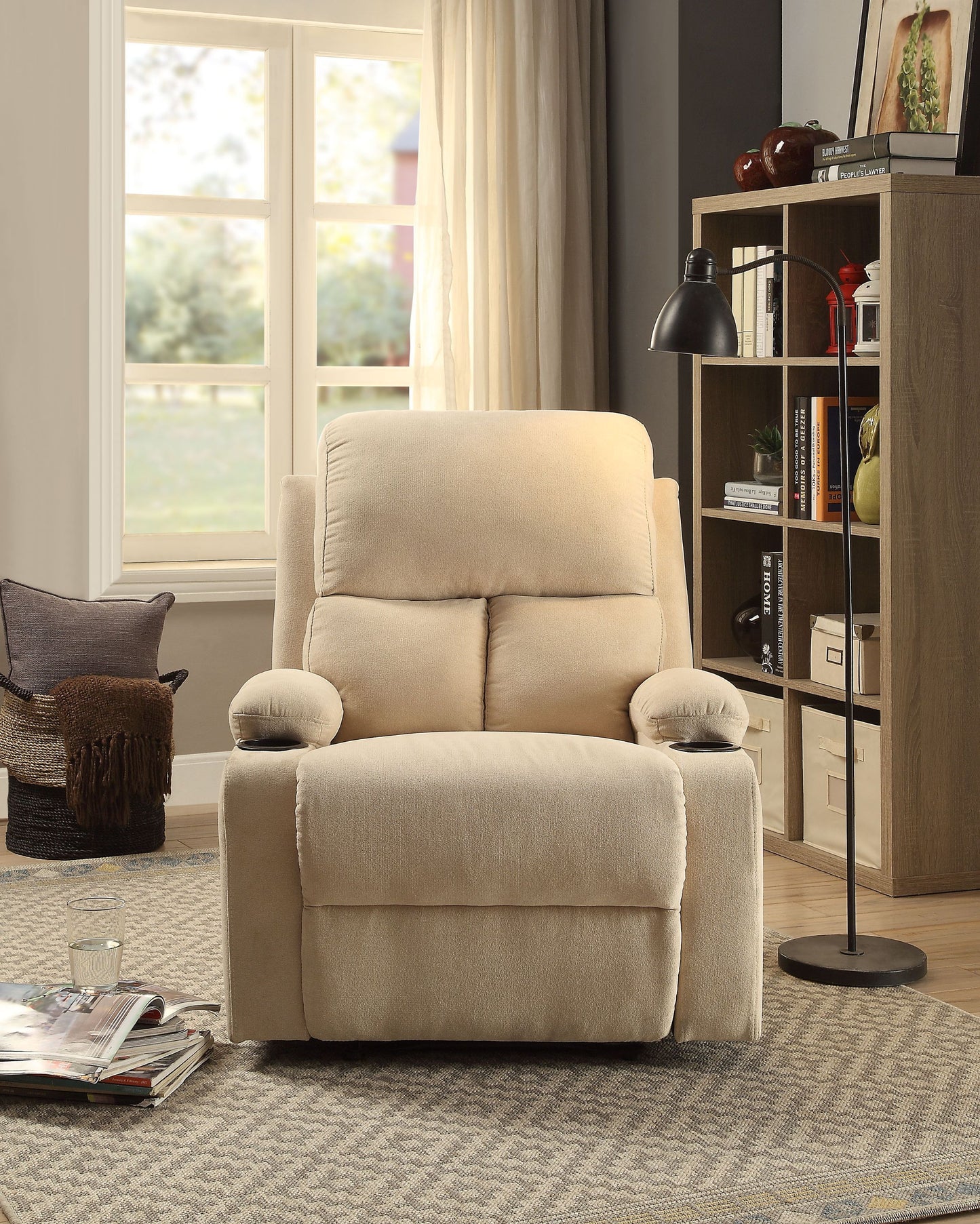 Beige Velvet Motion Recliner with Armrest Cup Holders