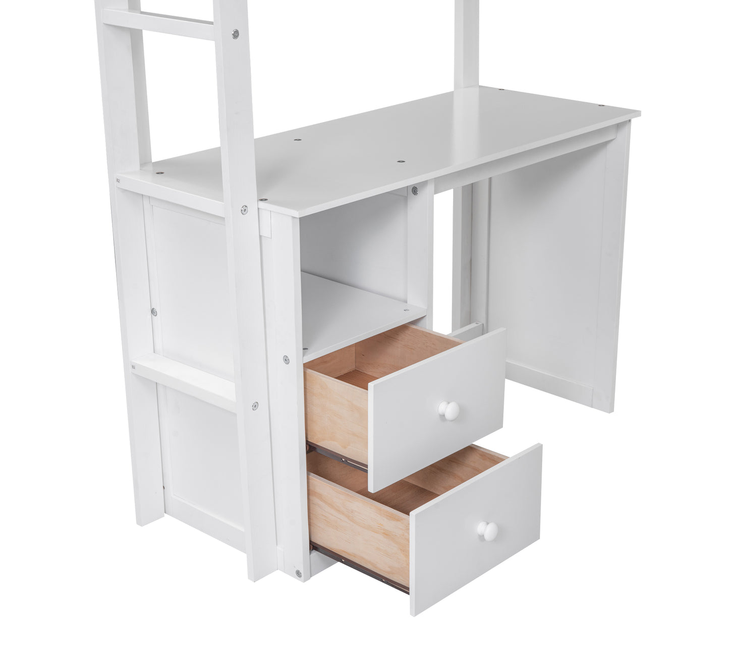 Wood Twin Size Loft Bed with Wardrobes and 2-Drawer Desk with Cabinet, White