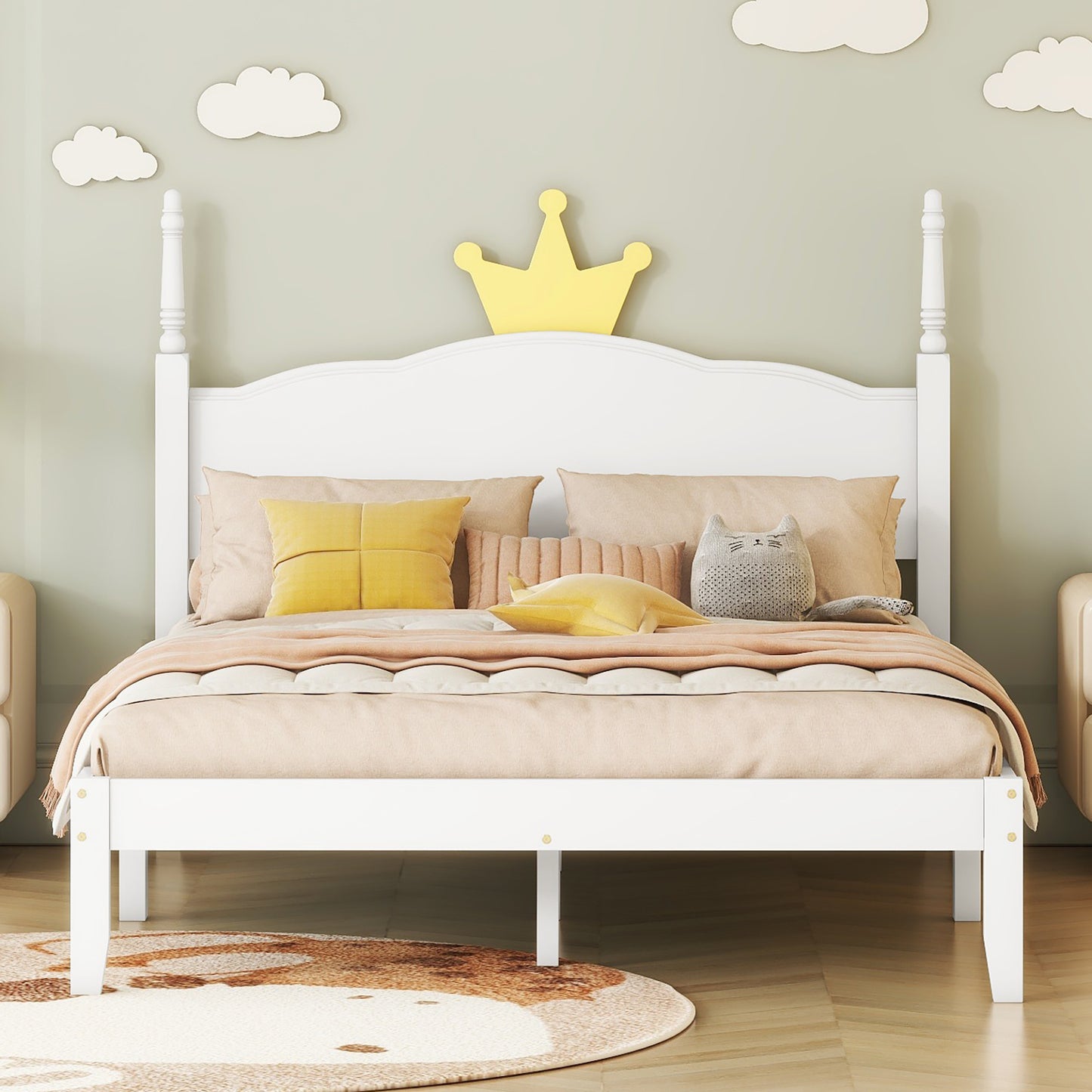 Full Size Wood Platform Bed with Crown Shaped Headboard, White