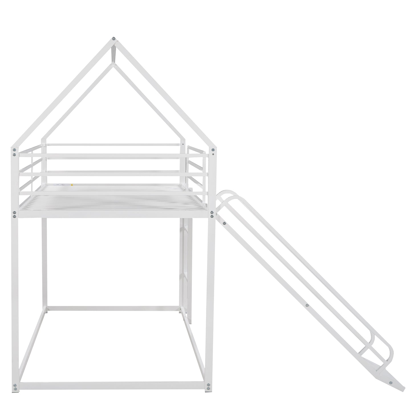 White Twin over Twin House Bunk Bed with Ladder, Slide, and Playhouse