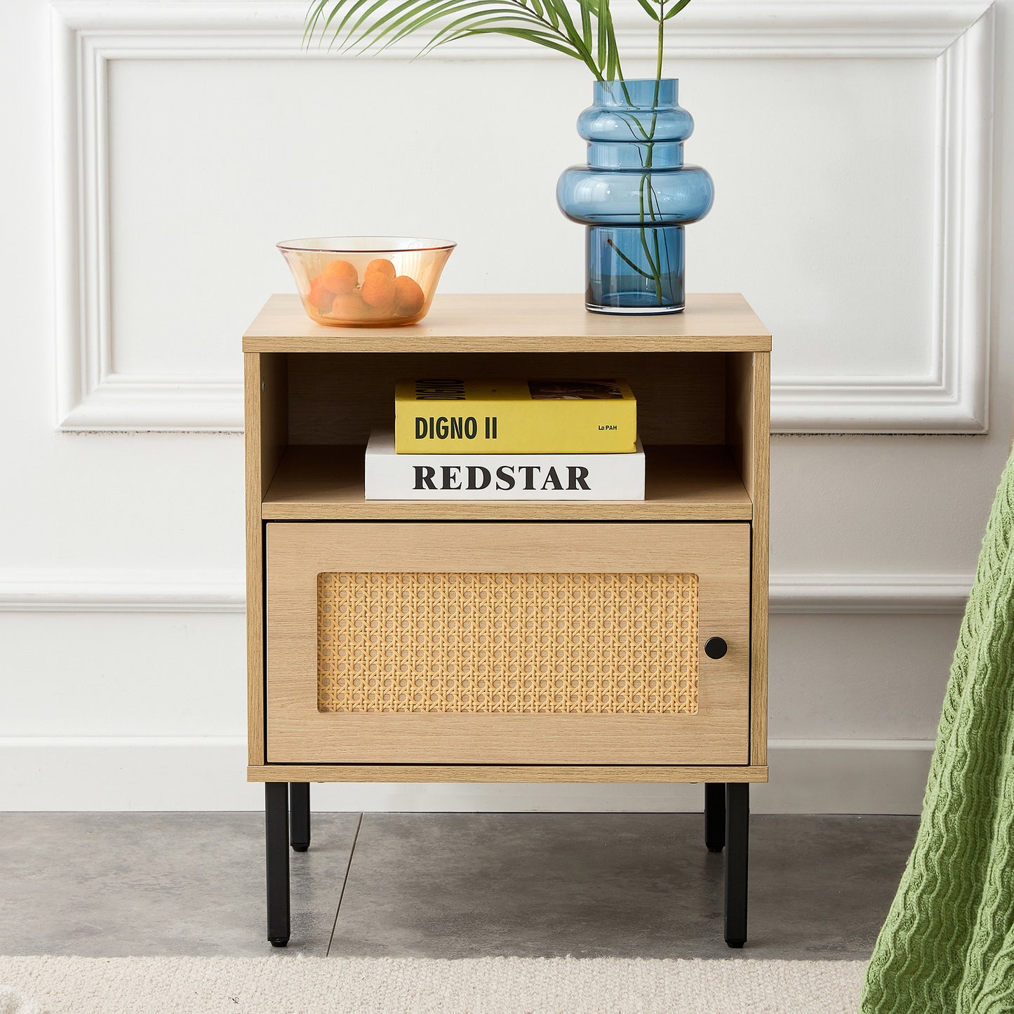 Modern simple storage cabinet MDF Board bedside cabinet Japanese rattan bedside cabinet Small household furniture bedside table.Applicable to dressing table in bedroom, porch, living room.2 Drawers