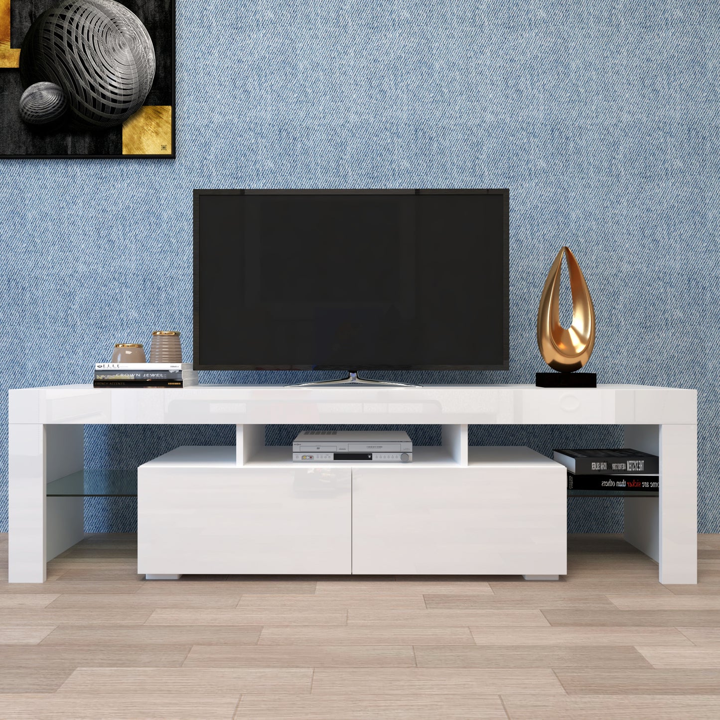 LED TV Stand with Remote Controlled Lights in Modern White, 20 Color Options