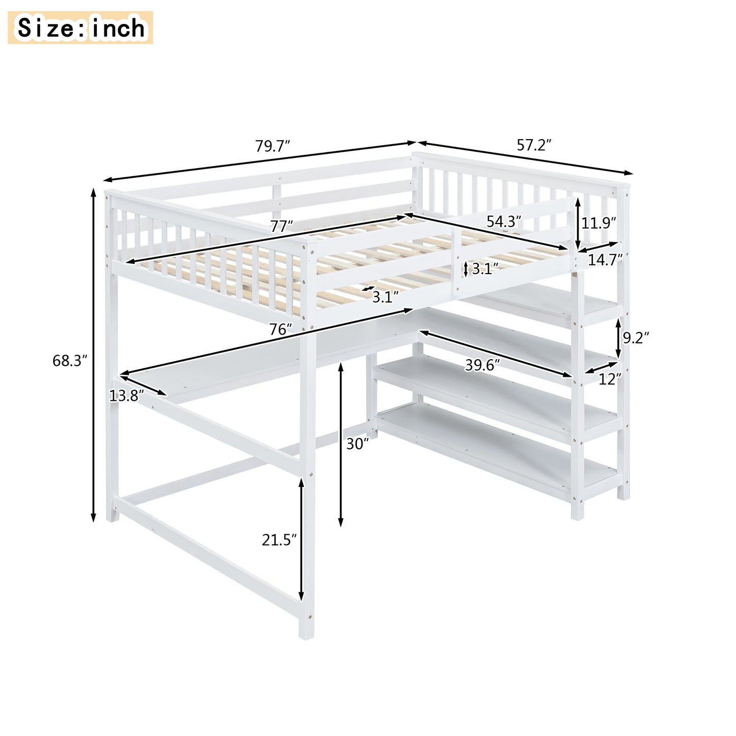 Full Size Loft Bed with Storage Shelves and Under-bed Desk, White