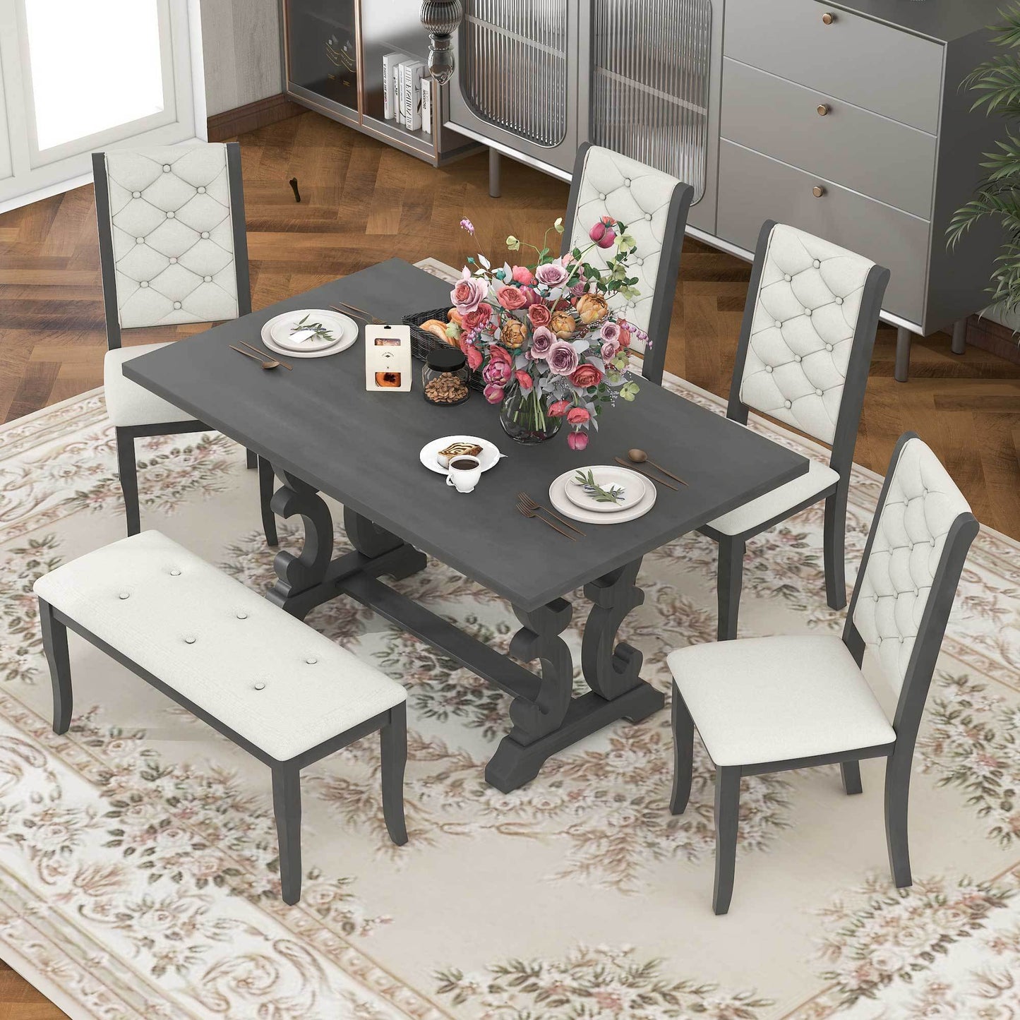 TREXM 6-Piece Retro Dining Set with Unique-designed Table Legs and Foam-covered Seat Backs&Cushions for Dining Room (Antique Grey)