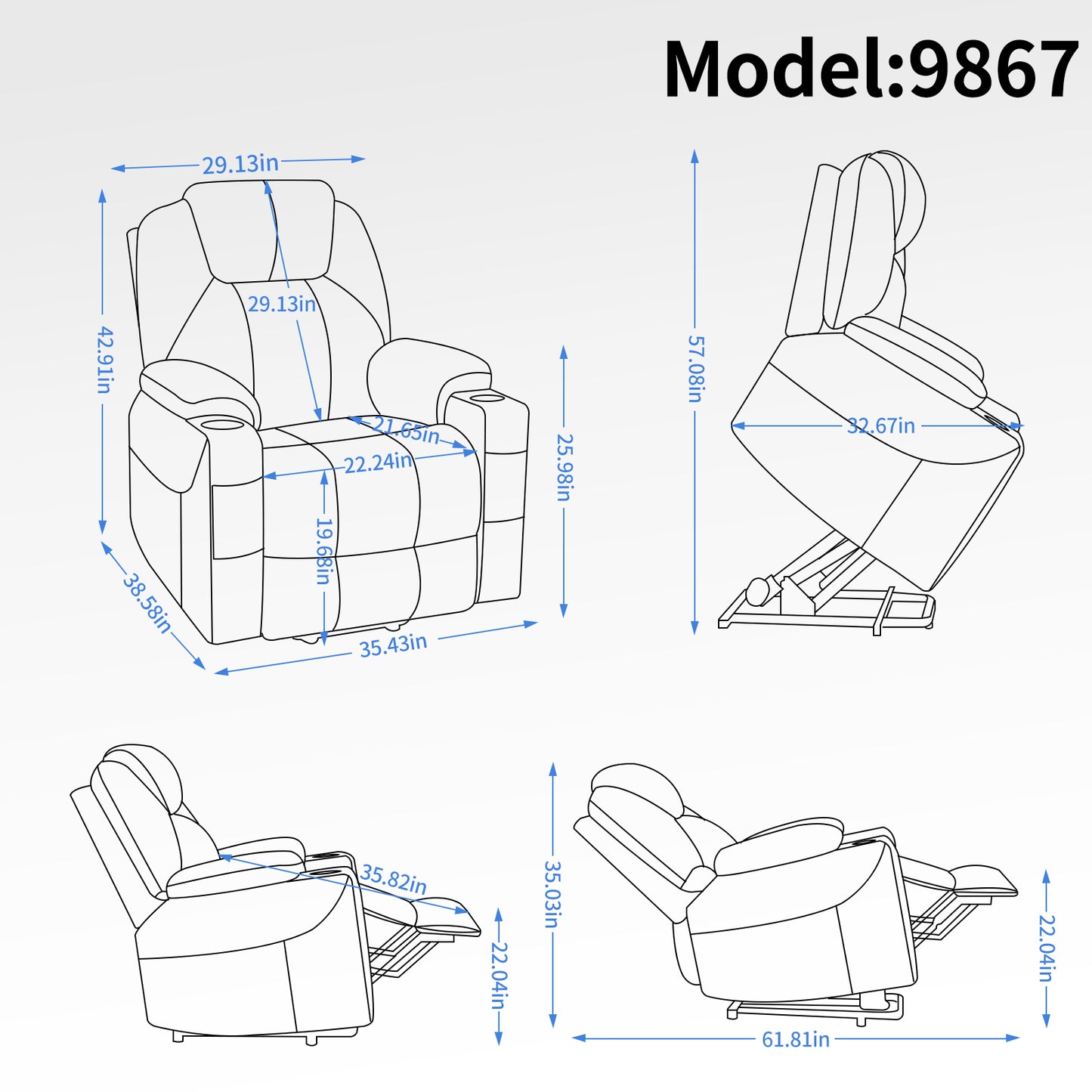 Blue Chenille Power Lift Recliner Chair with Massage and Lumbar Heating