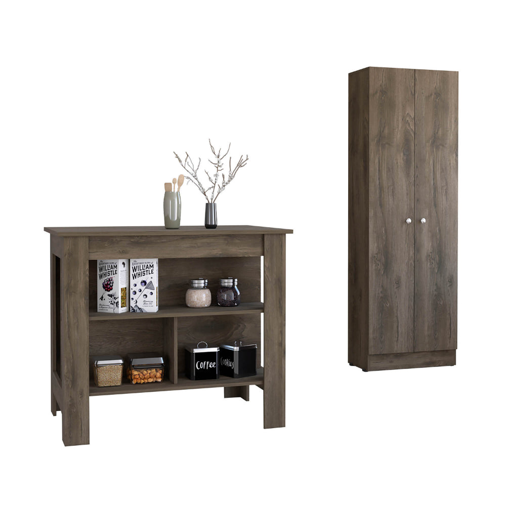 Roblar 8-Shelf 2-Door 2-piece Kitchen Set, Kitchen Island and Pantry Cabinet Dark Brownand Onyx