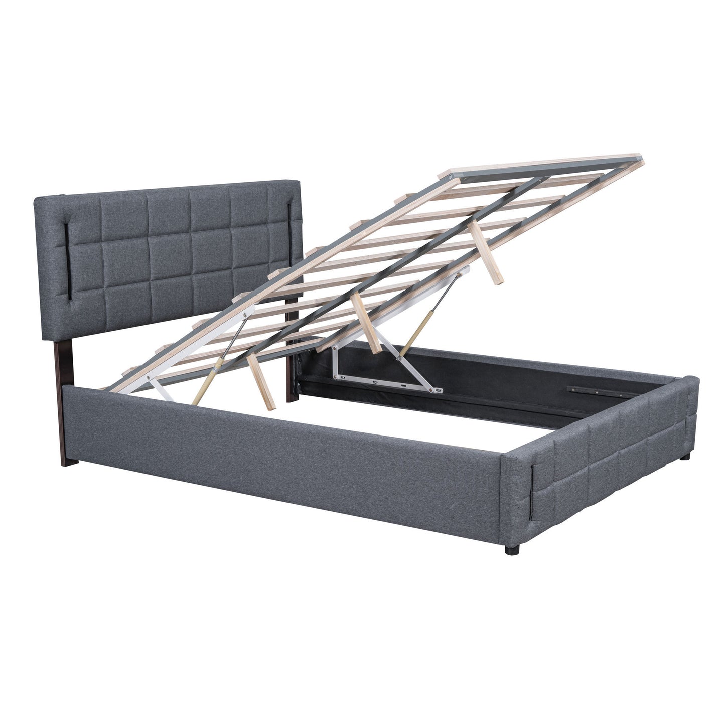 Full Size Upholstered Bed with Hydraulic Storage System and LED Light, Gray