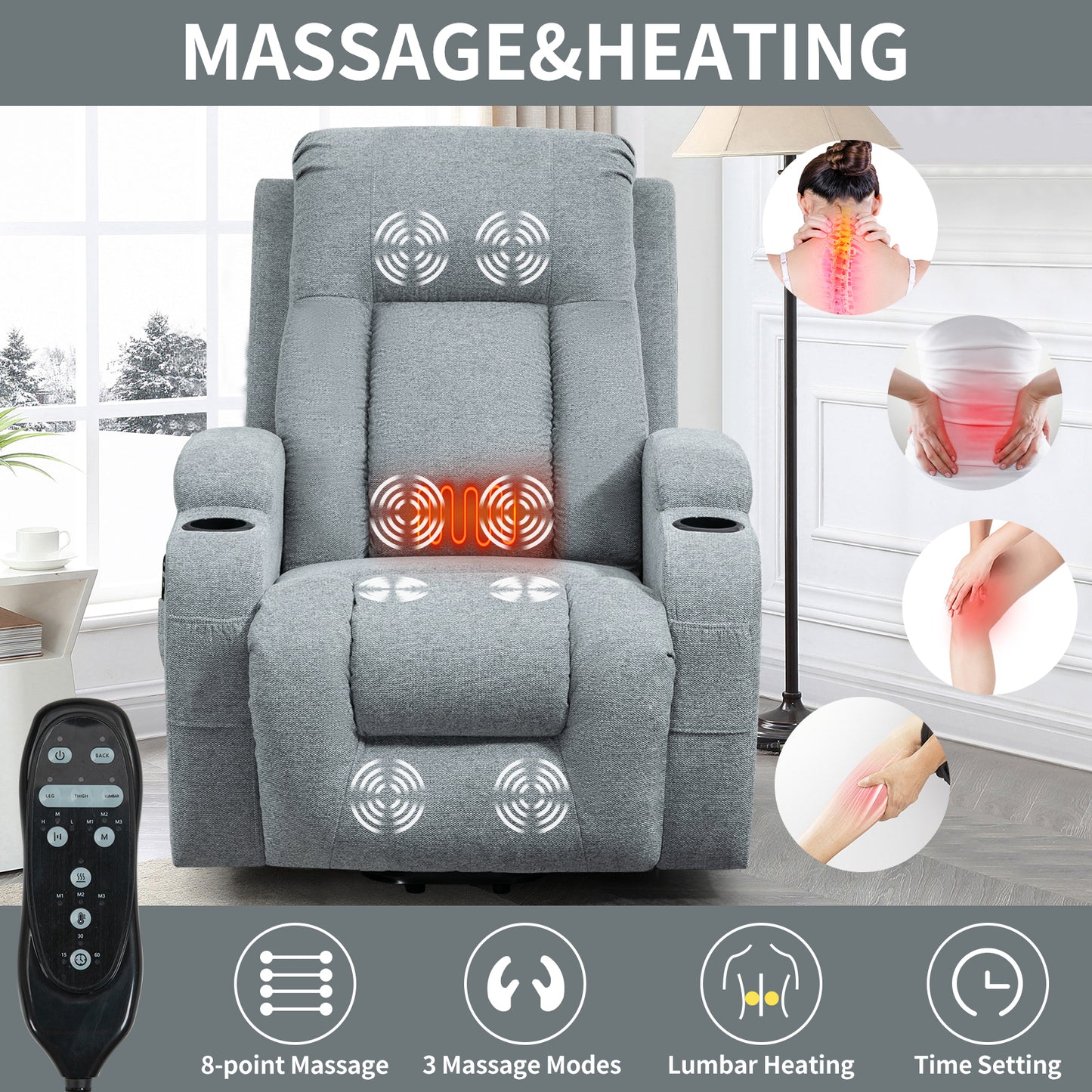 Infinite Position Okin Motor Power Lift Recliner Chair with Massage and Heating - Grey