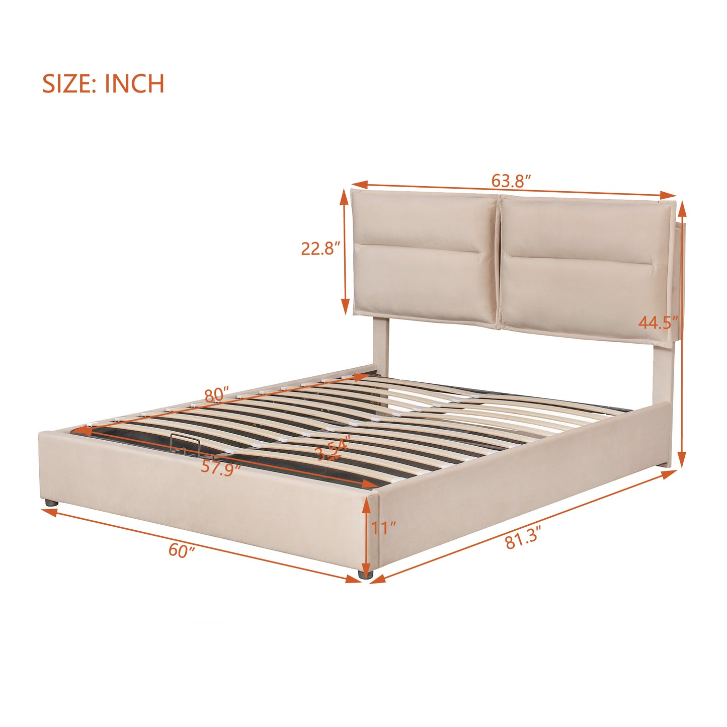 Upholstered Platform bed with a Hydraulic Storage System, Queen size, Beige