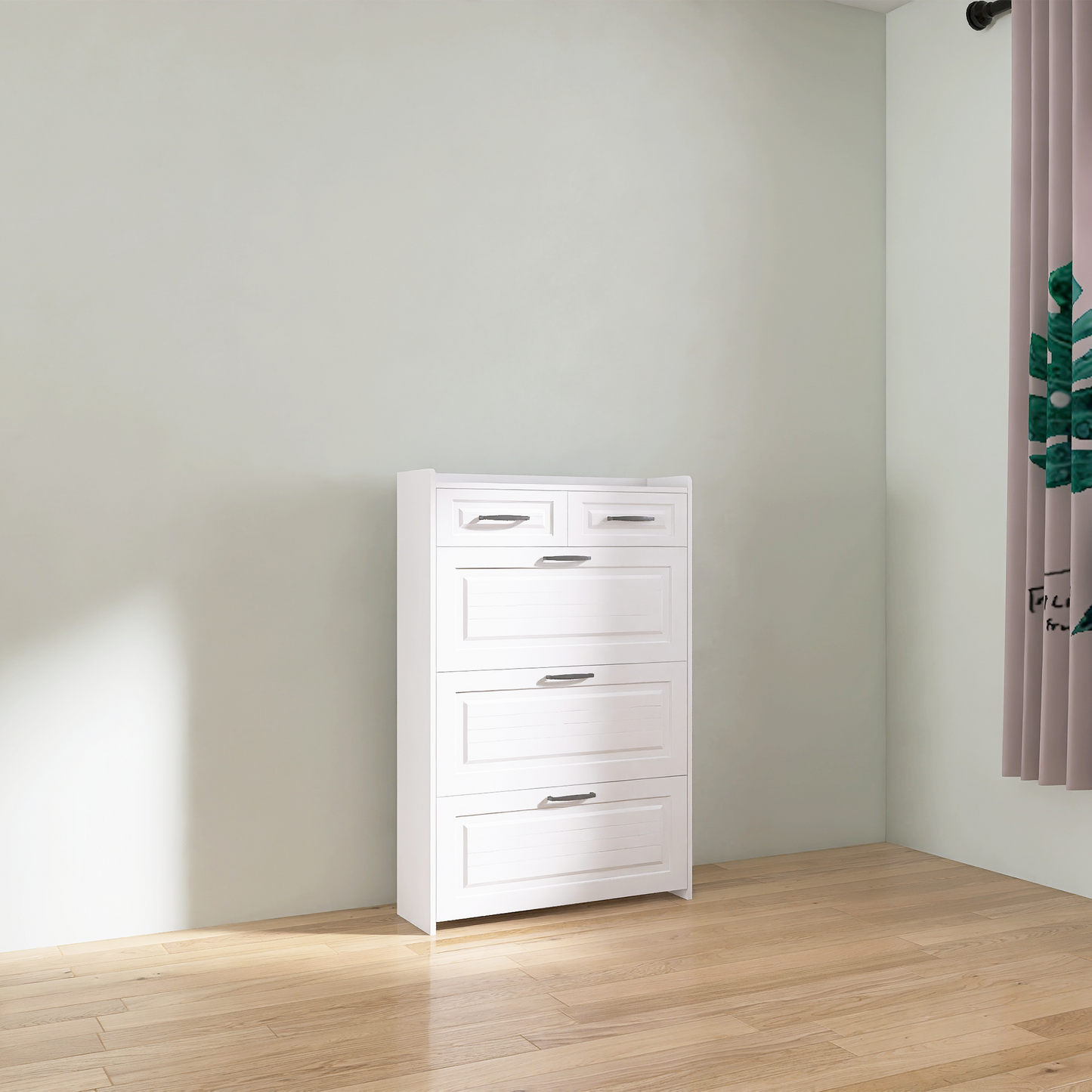 White color shoe cabinet  with 3 doors 2 drawers,PVC door with shape ,large space for storage