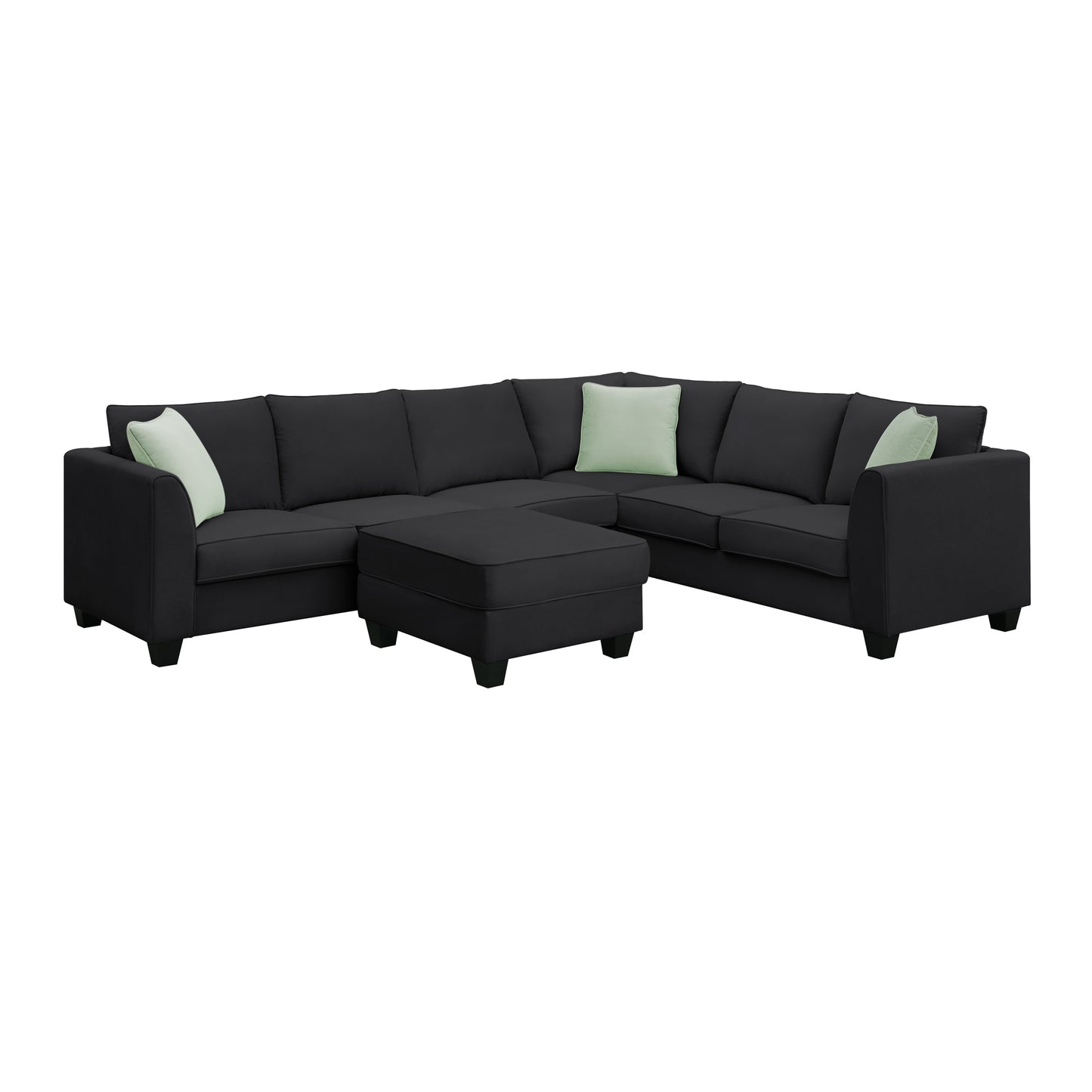 L-Shaped Black Sectional Couch Set with Ottoman and Pillows