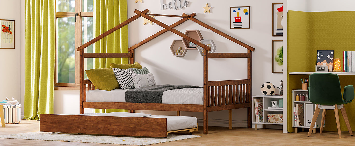 Full Size Wooden House Bed with Twin Size Trundle, Walnut