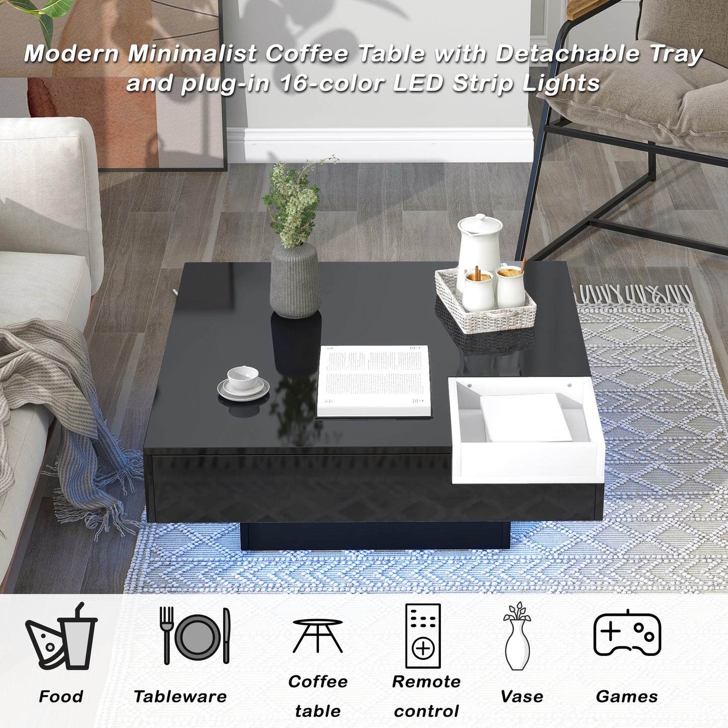 Chic Minimalist Square Coffee Table with LED Strip Lights and Tray