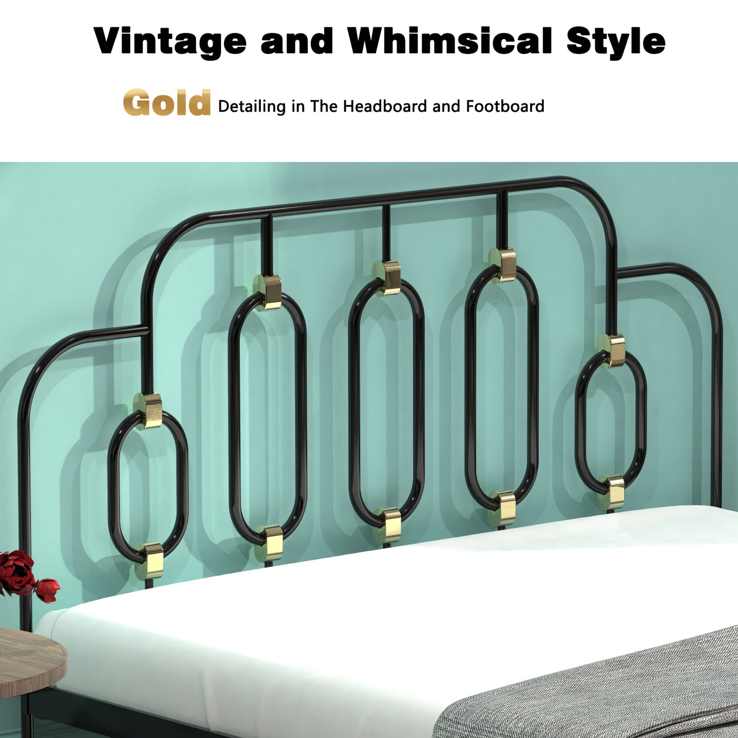 Ola Metal Bed, Black with Gold Detail, Full