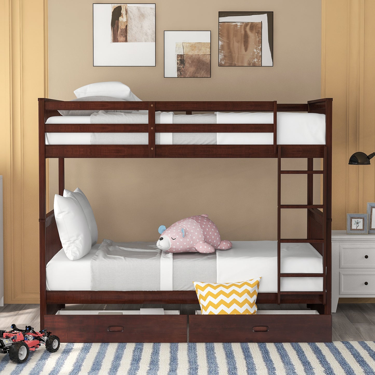 Twin Bunk Bed with Storage Drawers and Ladders in Espresso - Space-Efficient Solution