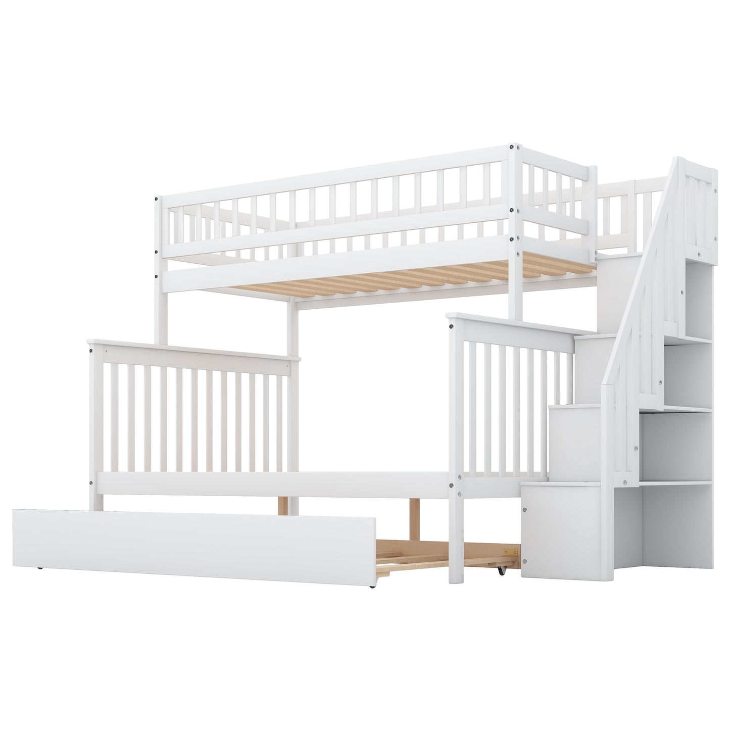 White Twin over Full Bunk Bed with Trundle and Staircase for Shared Sleeping Spaces