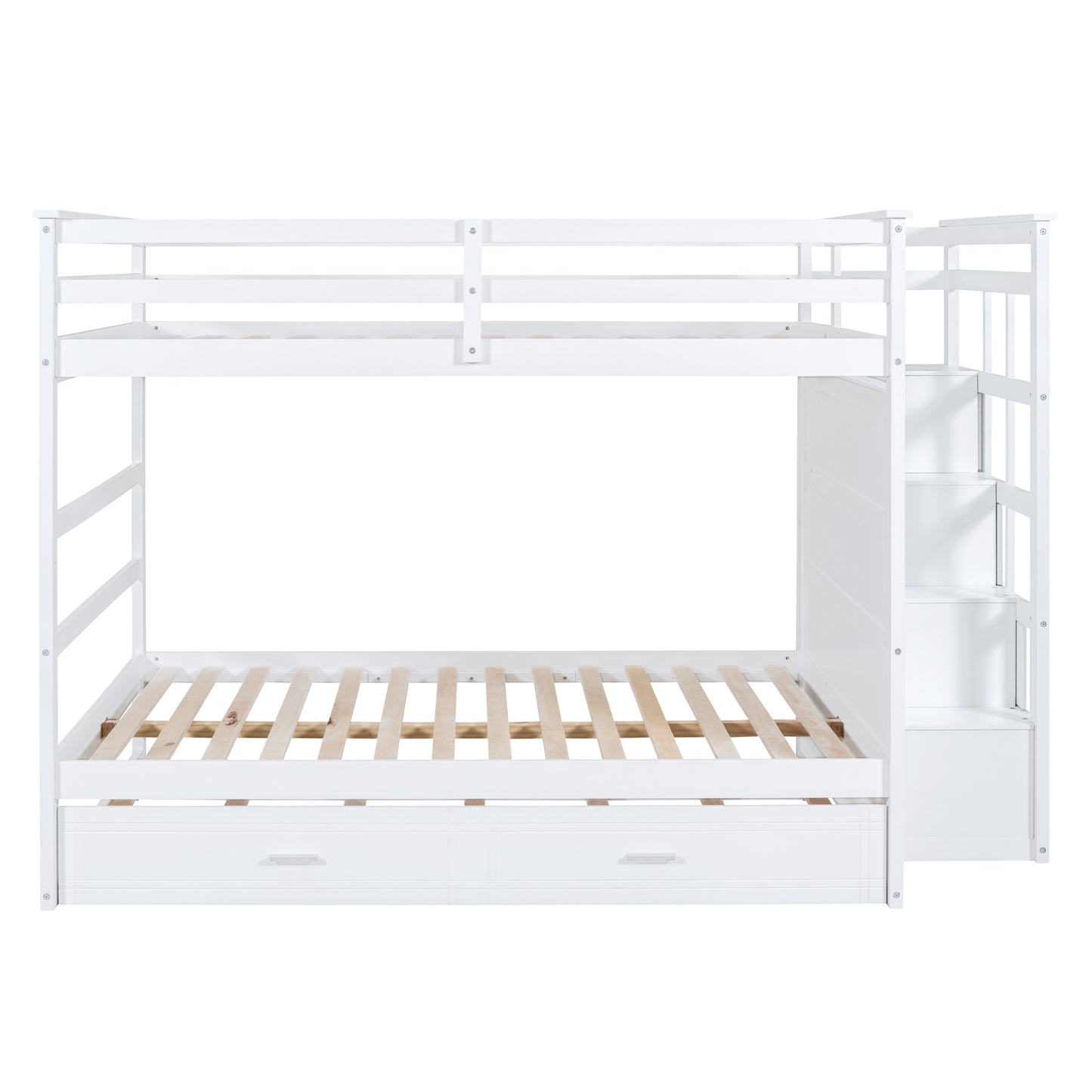 White Full-Over-Full Bunk Bed with Staircase and Trundle