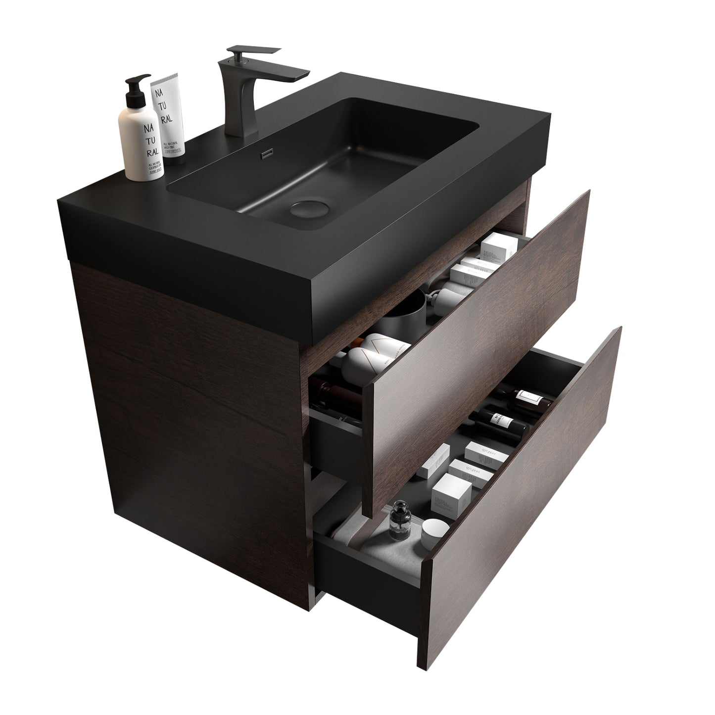 Alice-30W-105,Wall mount cabinet WITHOUT basin,Walnut color,With two drawers