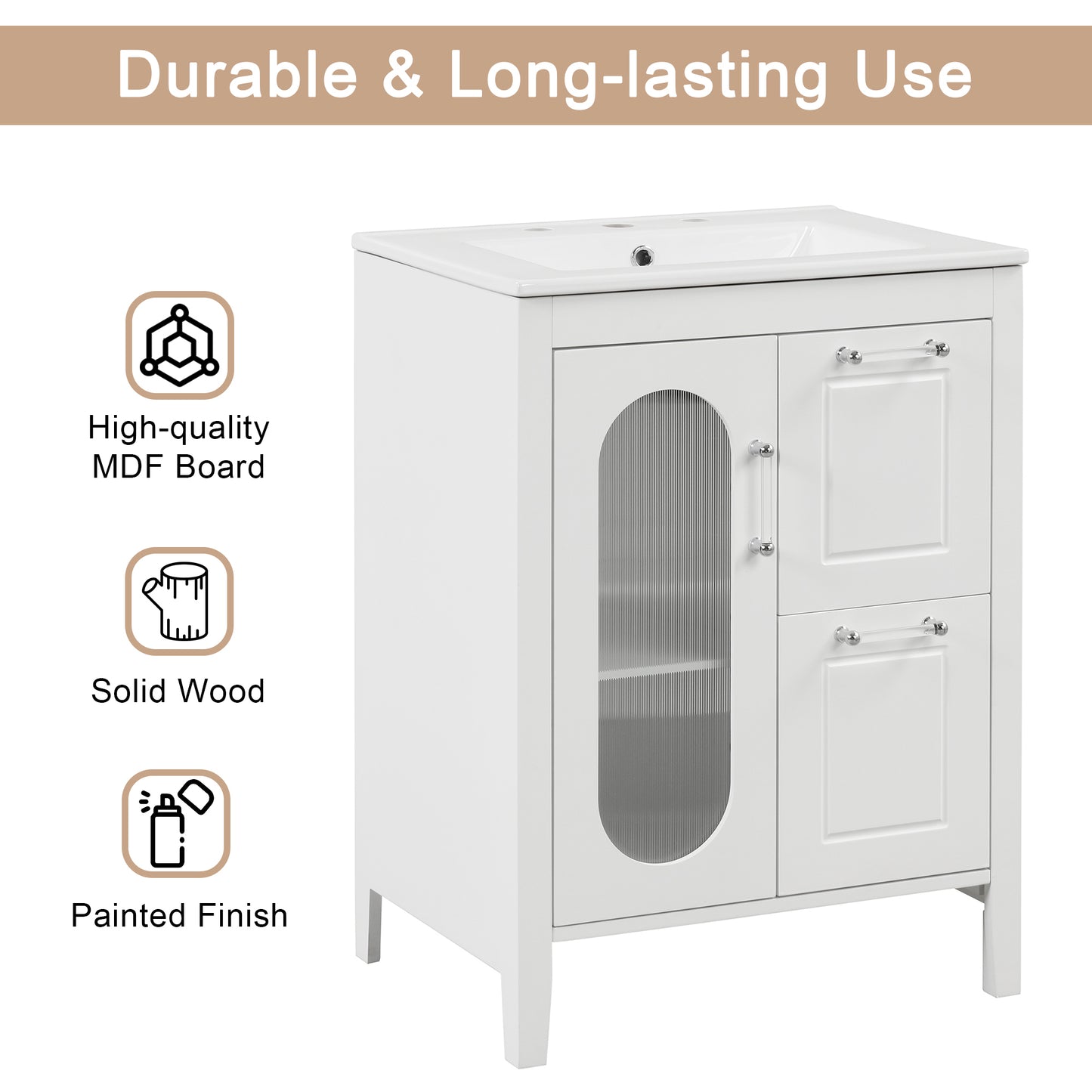 24-Inch White Bathroom Vanity Cabinet with Sink, Two Drawers, and Adjustable Shelf