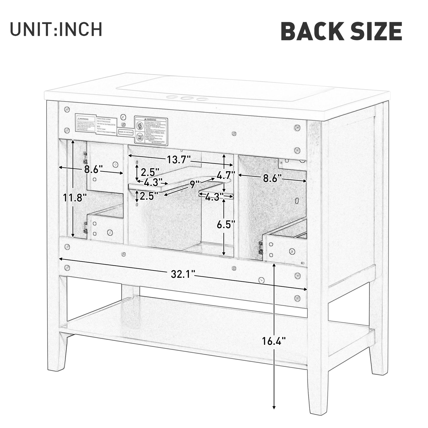 36" Bathroom Vanity without Sink, Cabinet Base Only, One Cabinet and three Drawers, White