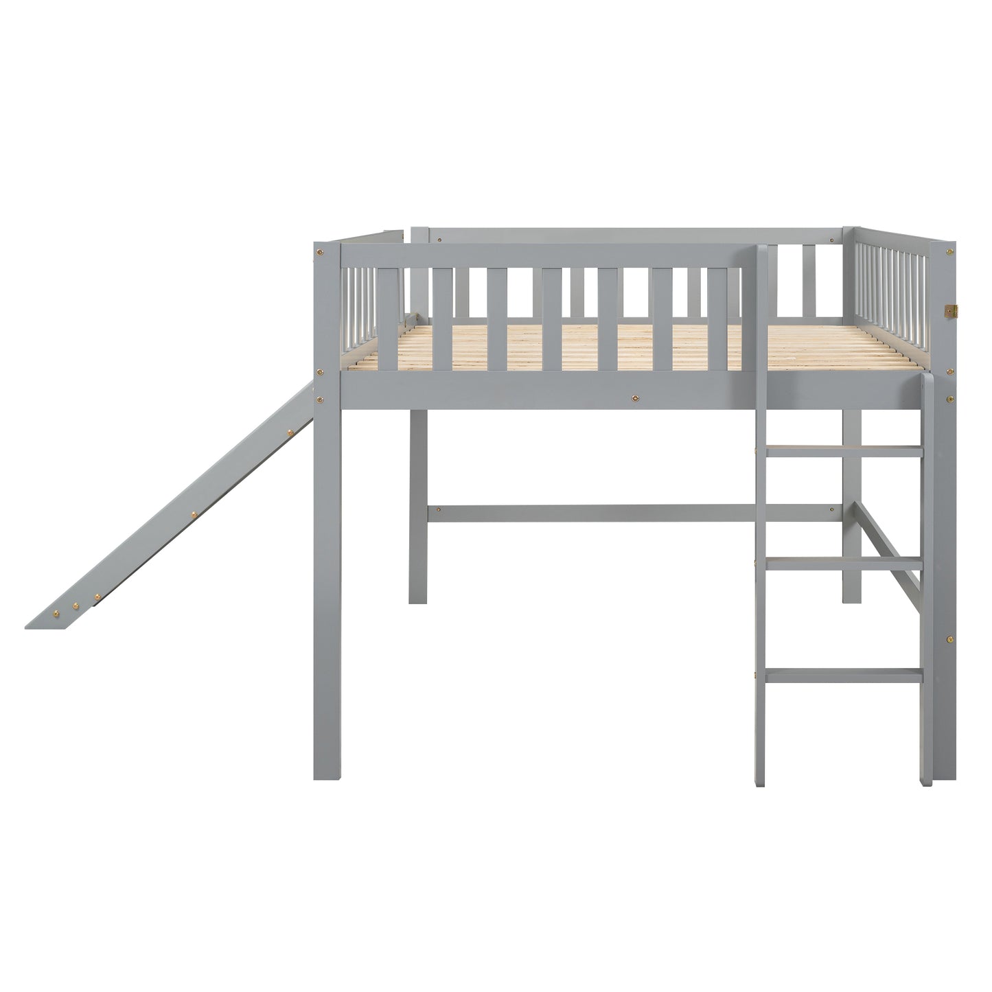 Full Size Low Loft Bed with Ladder and Slide,Gray