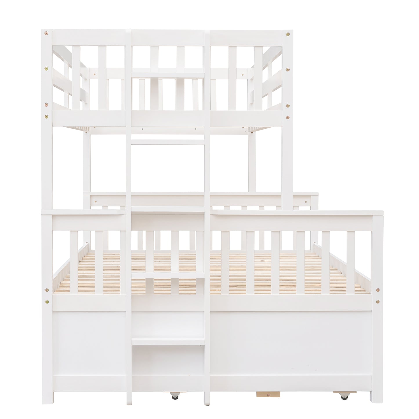 Playful Twin-Over-Full Bunk Bed with Trundle and Drawers - White