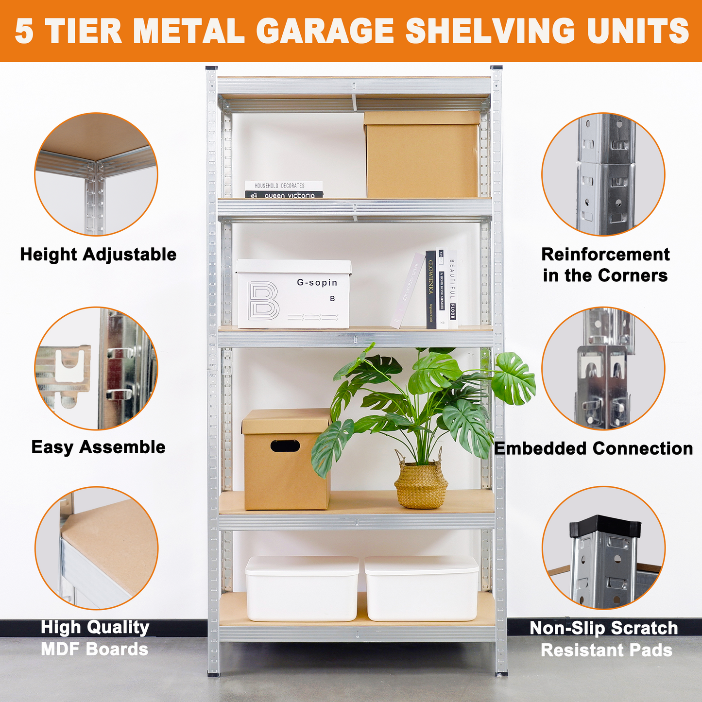 5-Tier Utility Shelves, Metal Storage Shelves Garage Shelving Unit Adjustable Garage Storage Shelves Storage Racks Heavy Duty Shed Shelving- Silver,35*18*71 Inch