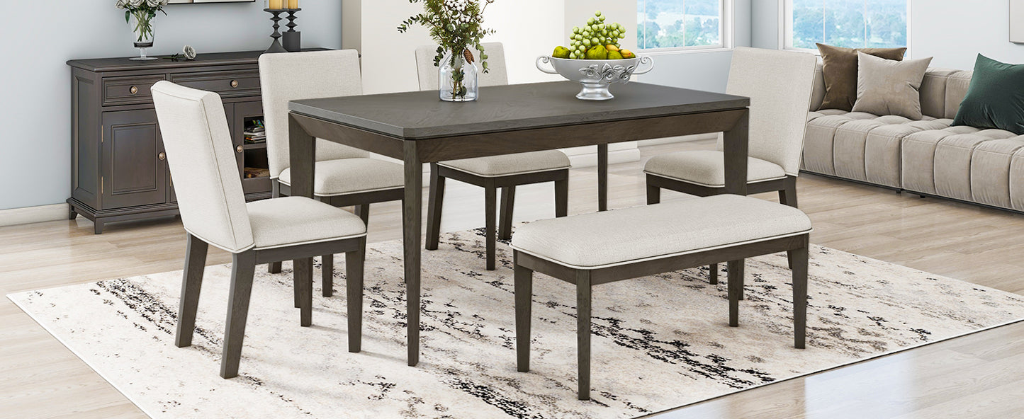 6-Piece Dining Table Set with Upholstered Dining Chairs and Bench,Farmhouse Style, Tapered Legs, Dark Gray+Beige