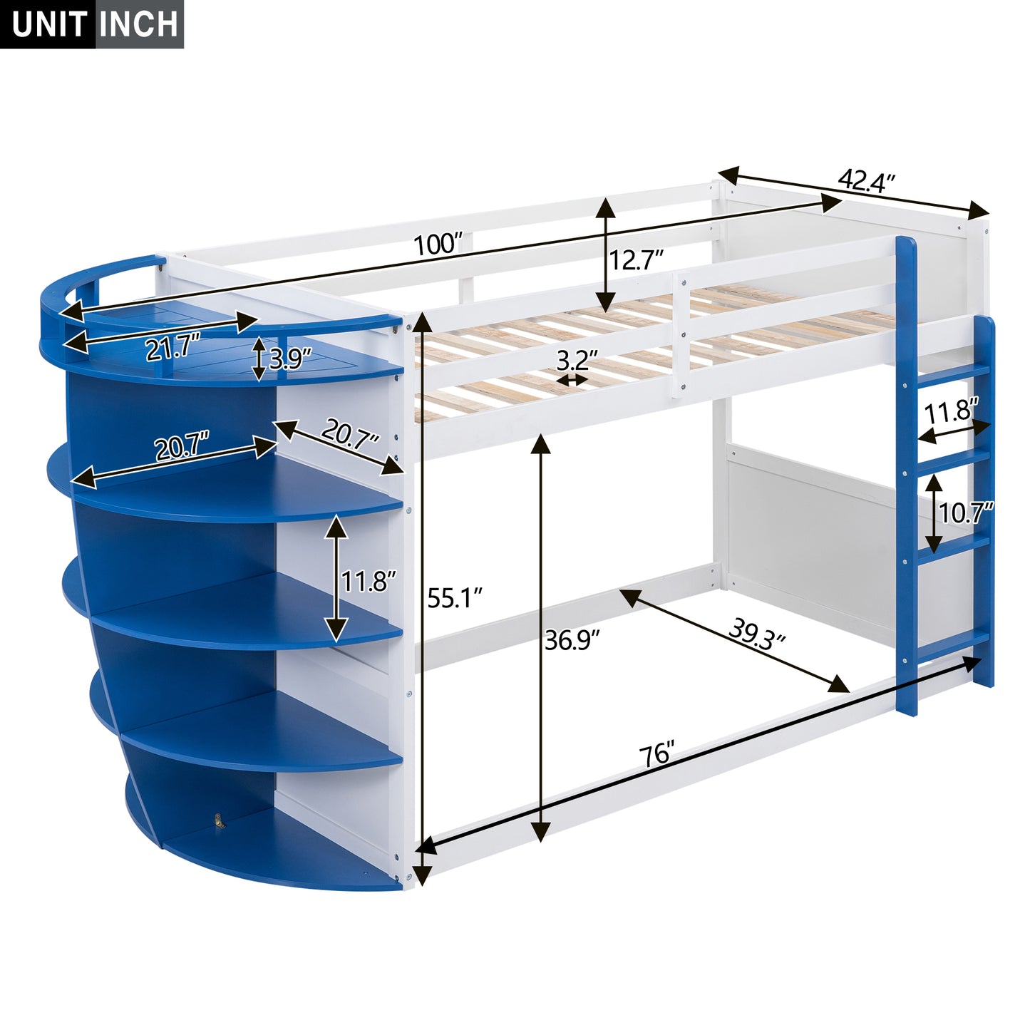 White and Blue Boat-Inspired Twin over Twin Bunk Bed with Storage Shelves