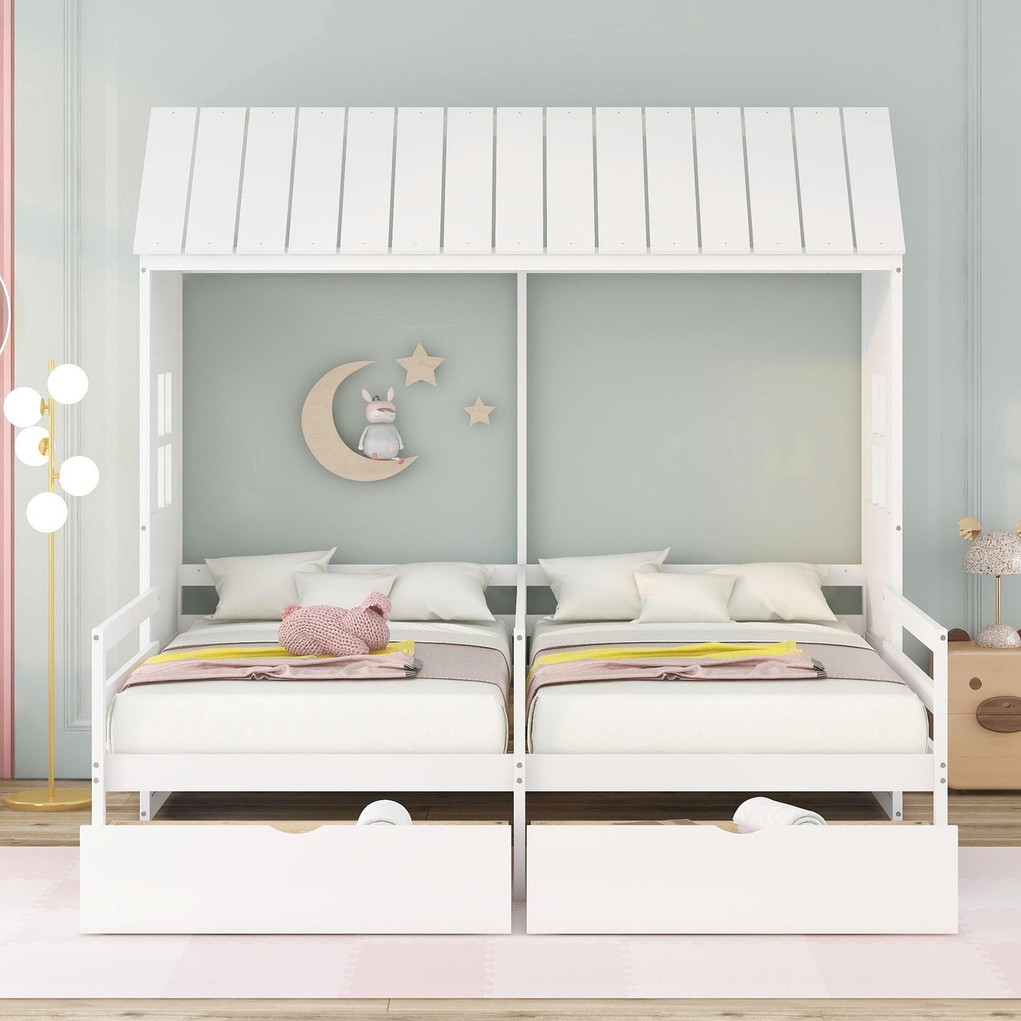 Twin Twin House Bed with 2 Drawers, White