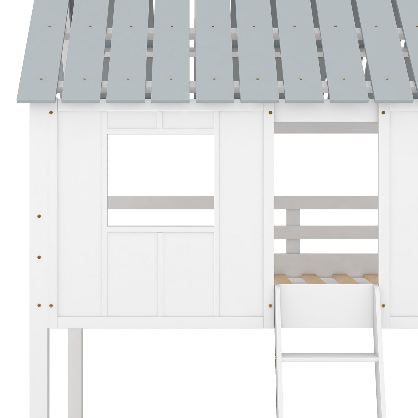 Barnyard Style White Twin Bunk Beds with Roof and Fence Guardrail