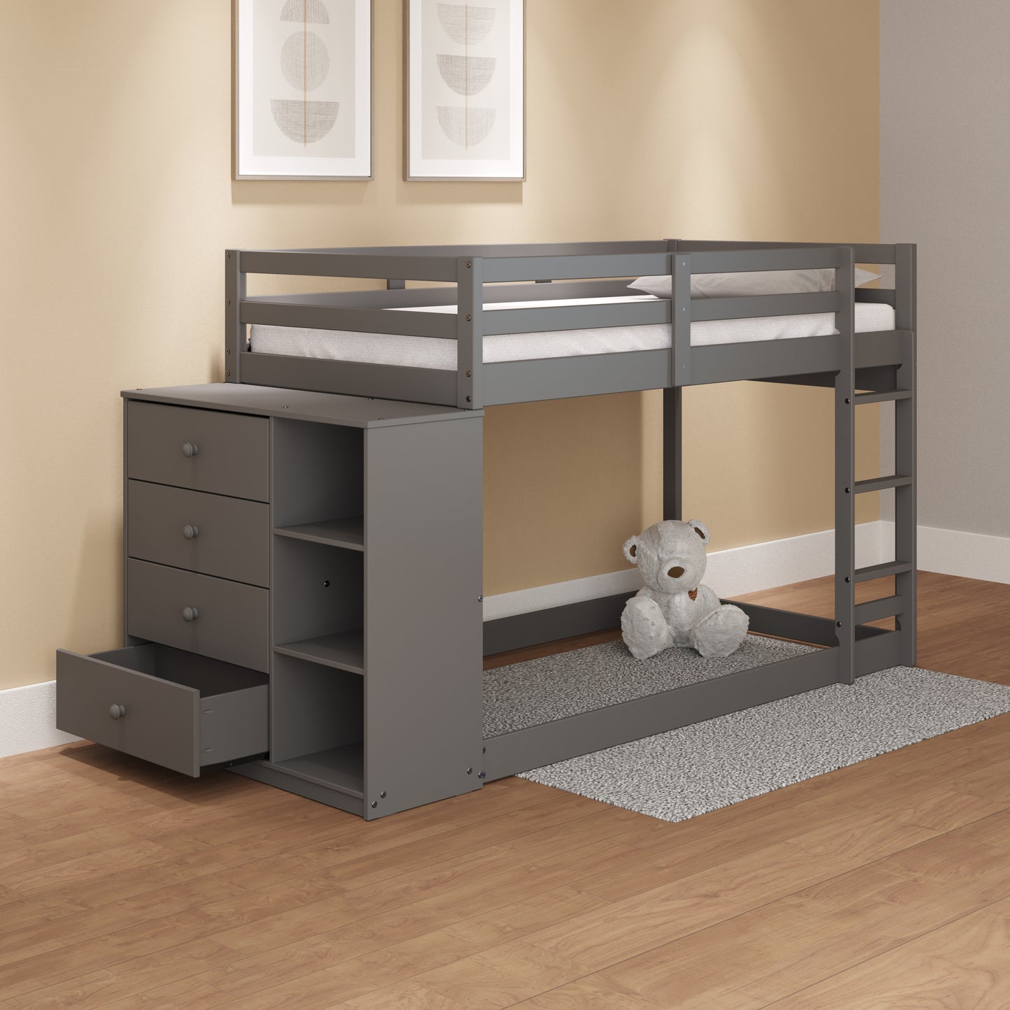 Gray Finish Twin Bunk Bed with Storage and Cabinet - Stylish and Functional Twin/Twin Bunk Bed