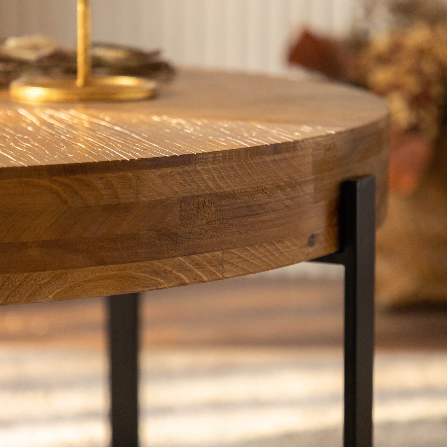 Modern Retro Fir Wood Round Coffee Table with Black Cross Legs Base