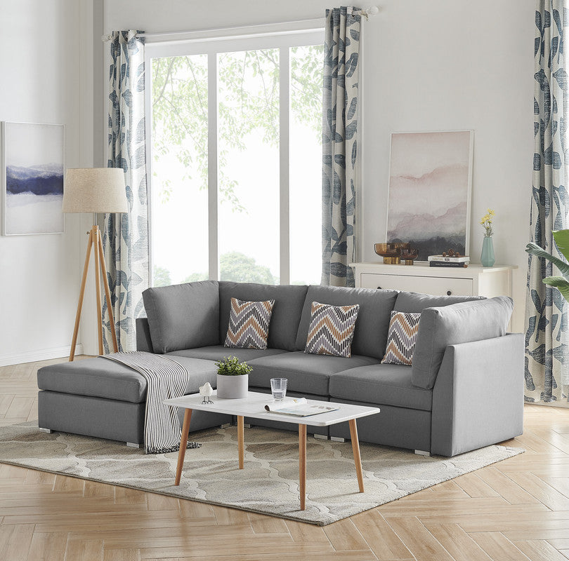 Amira Gray Fabric Sofa Set with Ottoman and Accent Pillows