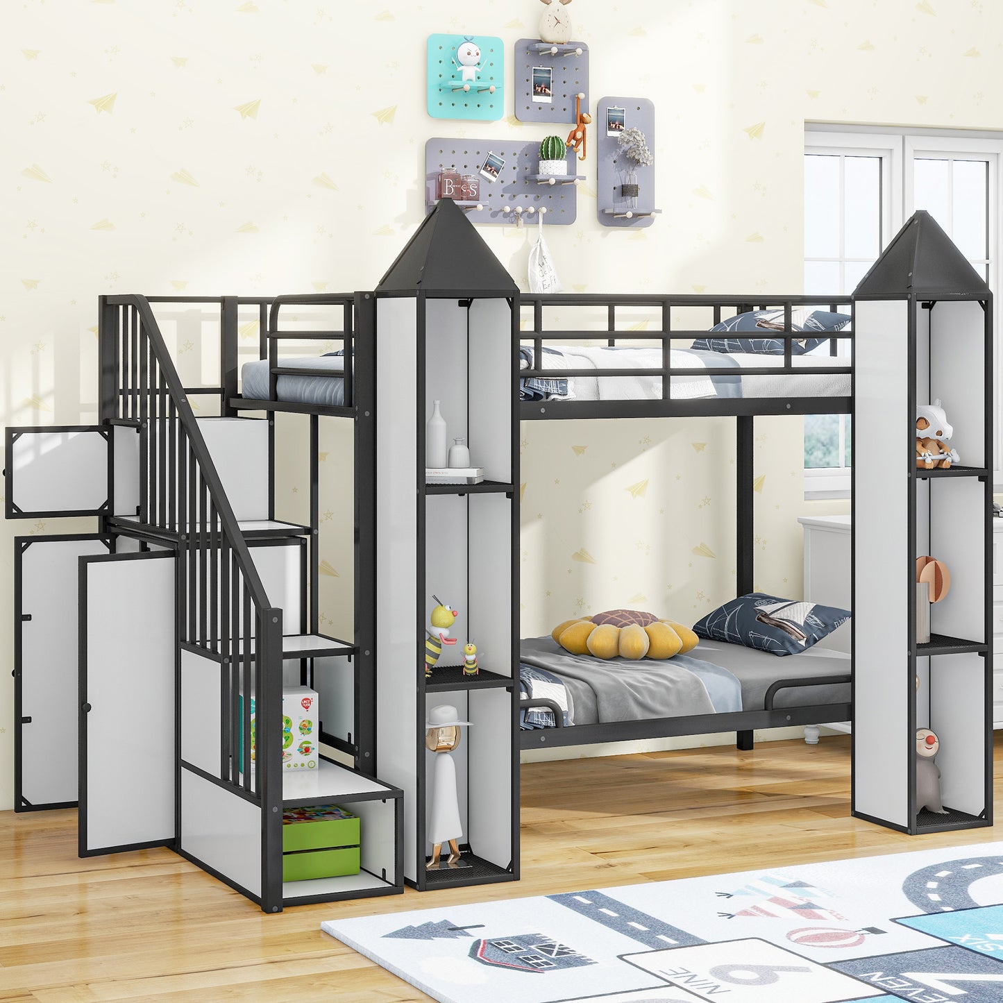 Castle-themed Metal Twin Bunk Bed with Wardrobe and Storage in Black and White Color Palette