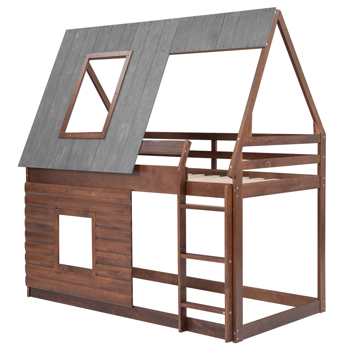 Cozy Rustic Oak and Smoky Grey House Bunk Bed with Roof, Ladder, and Windows for Kids