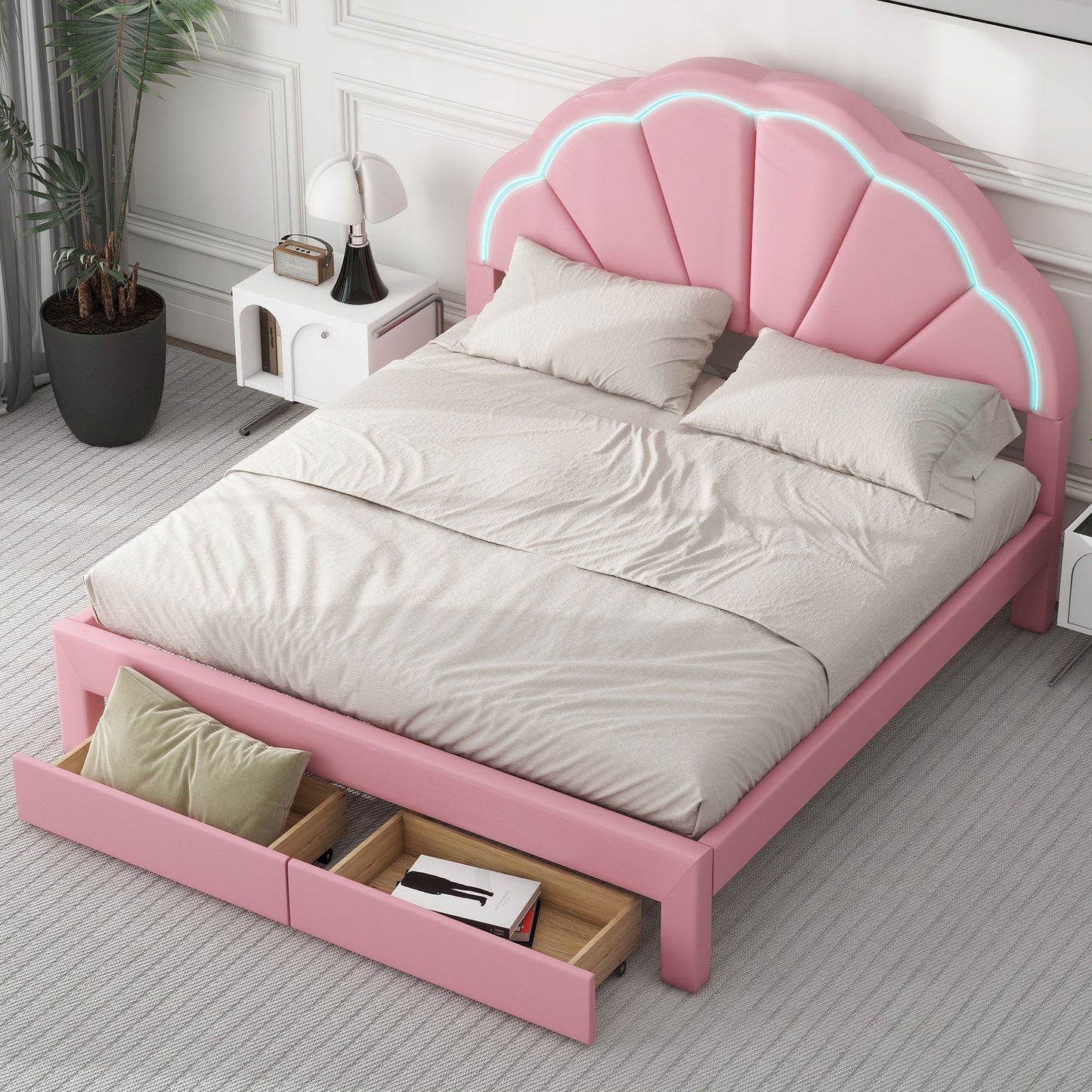 Queen Size Upholstered Platform Bed with Seashell Shaped Headboard, LED and 2 Drawers, Pink