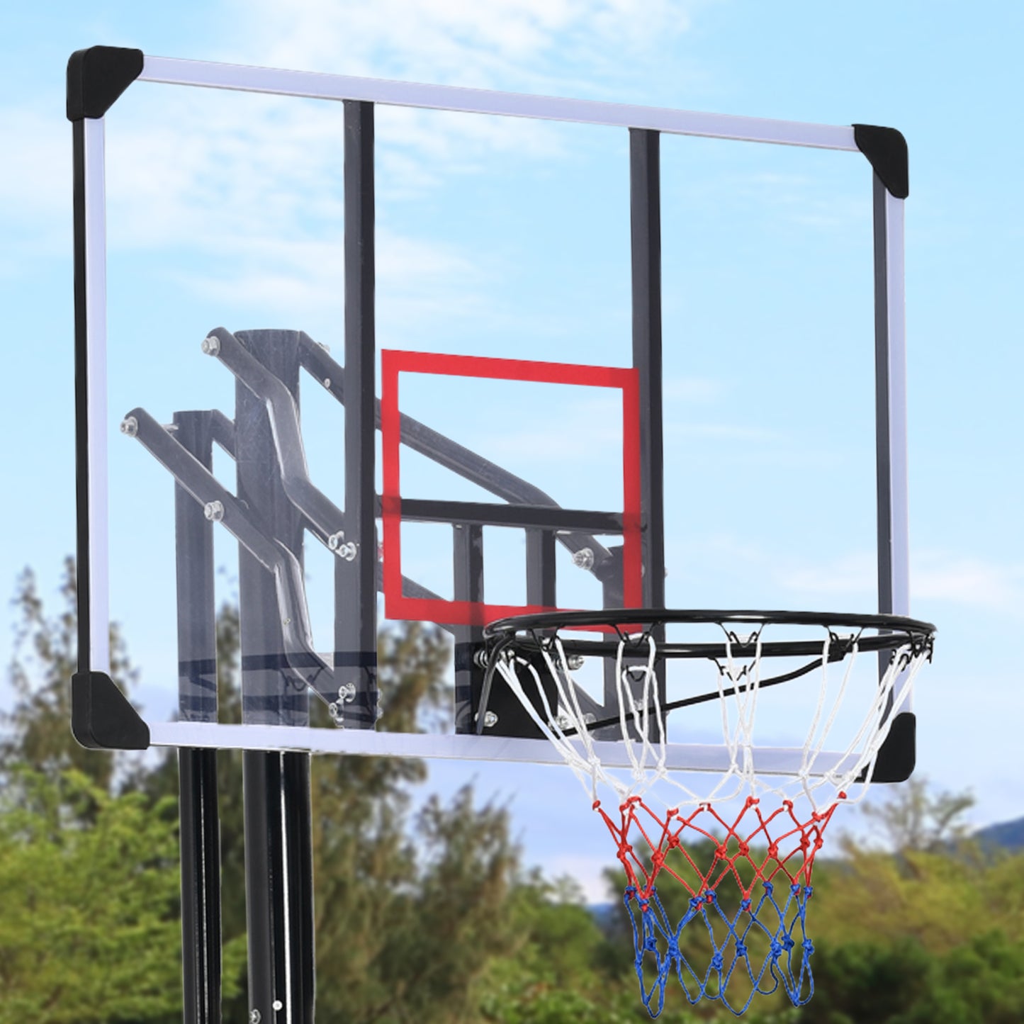 Portable Basketball Hoop & Goal with Vertical Jump Measurement, Outdoor Basketball System with 7.5-10ft Height Adjustment in 44'' Backboard for Youth/Audlt, Manual Lifting Basketball Hoop