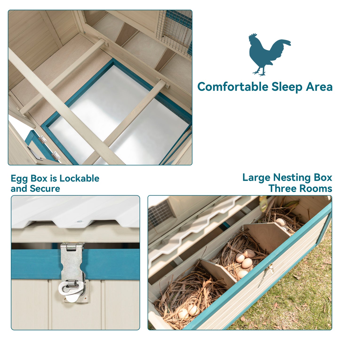 Weatherproof outdoor chicken coop with waterproof PVC roof. Outdoor chicken coop with removable bottom for easy cleaning.Large space Coop suitable for 5-7 chickens.