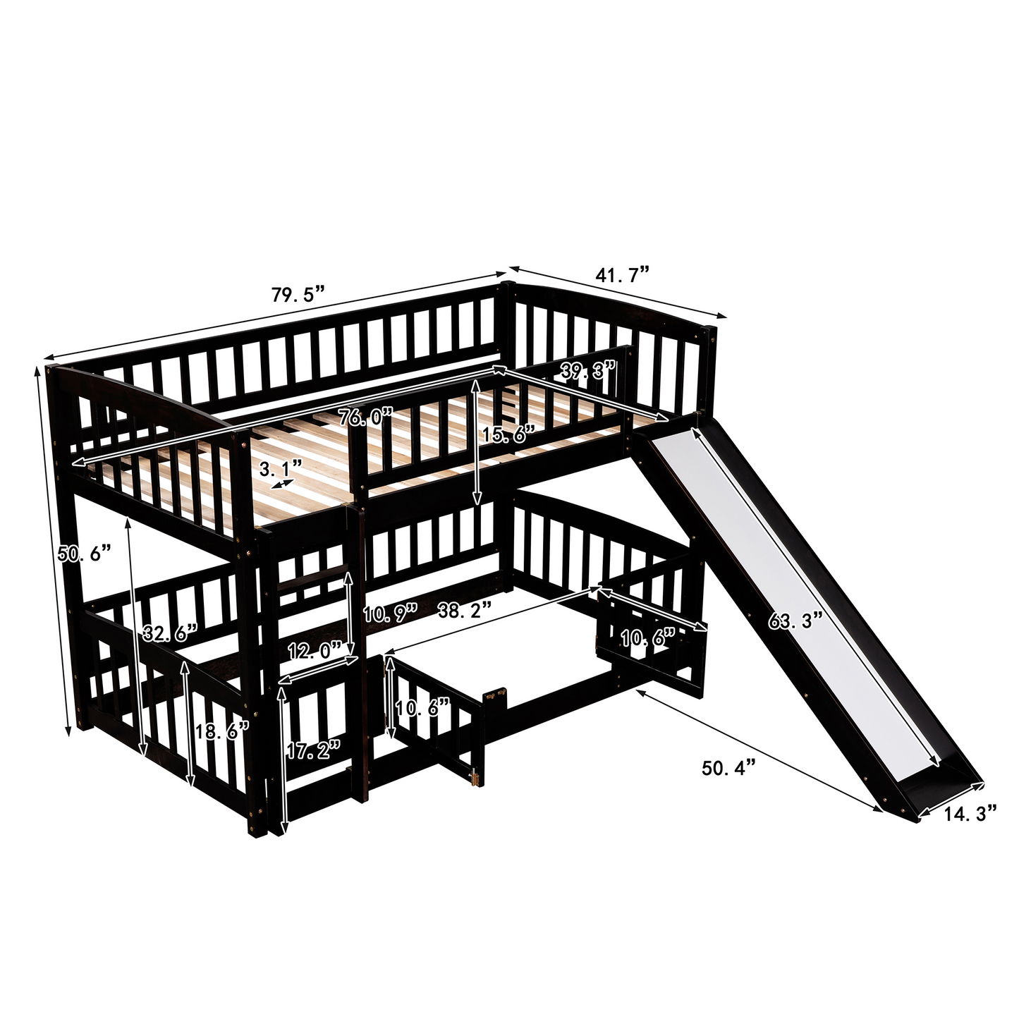 Twin Loft Bunk Bed with Slide, Fence, and Ladder in Espresso Finish for Kids and Teens