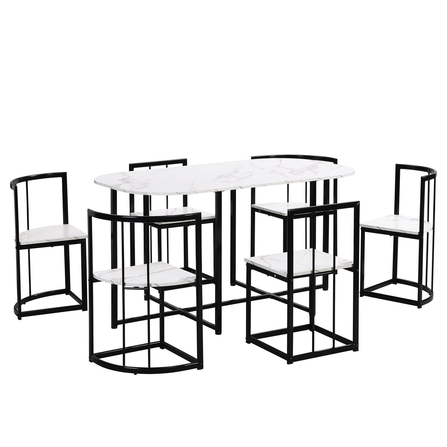 Modern 7-Piece Dining Table Set with Faux Marble Compact 55Inch Kitchen Table Set for 6, Black+White