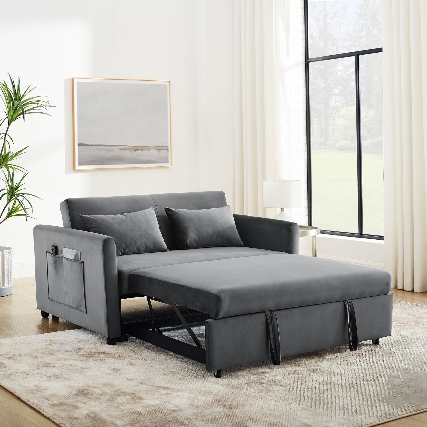 Convertible Sofa Bed, 3-in-1 Versatile Velvet Double Sofa with Pullout Bed, Seat with Adjustable Backrest, Lumbar Pillows, and Living Room Side Pockets, 54 Inch, Grey