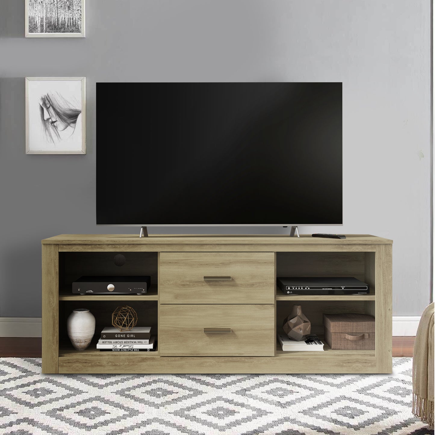 59-Inch Oak Brown Wooden TV Stand with Drawers and Open Compartments